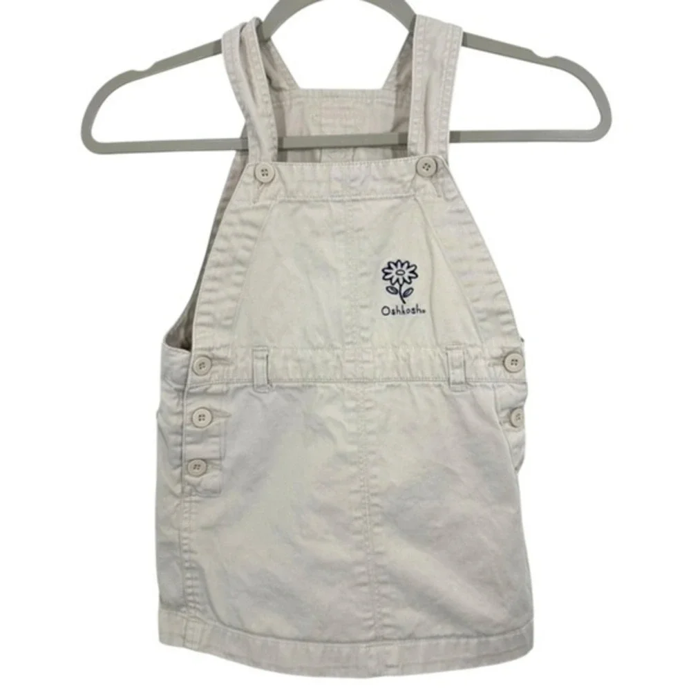 Oshkosh B'gosh Baby Girl Tan Flower Embroidered Denim Khaki Overall Dress Size 4